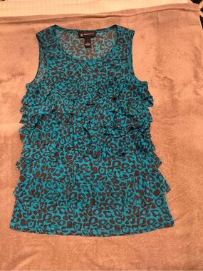 INC Turquoise Cheetah Print Ruffled Tiered Tank Top Medium Y2